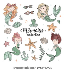 Vector mermaids collection with cute cartoon characters. Little mermaid perfect for children party decorations