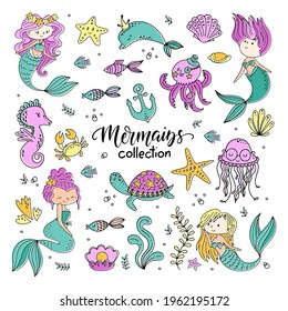 Vector Mermaids collection with under water cute characters jellyfish, dolphin, seahorse, turtle. Perfect for children party decorations.