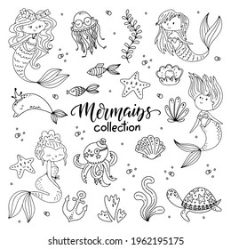 Vector Mermaids collection with under water cute characters jellyfish, dolphin, seahorse, turtle. Perfect for children party decorations.