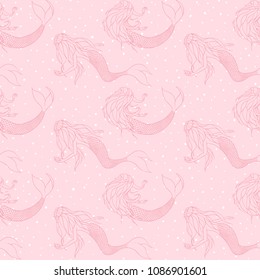 Vector mermaids contours seamless pattern. Mythical sea creatures on the pink polka dot background. Cute girlish backdrop.