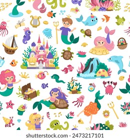 Vector mermaids seamless pattern. Underwater kingdom repeat background with princess, fish, castle, seaweeds, animals treasure, tortoise. Cartoon water, marine fairytale digital paper for kids
