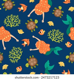 Vector mermaids seamless pattern. Underwater kingdom repeat background with princess, fish, seaweeds, tortoise, seashell. Cartoon water, marine fairytale digital paper for kids
