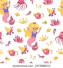 Vector mermaids seamless pattern. Underwater kingdom repeat background with princess, fish, seaweeds, crab, jellyfish, seashell. Cartoon water, marine fairytale digital paper for kids
