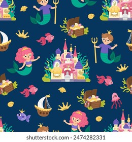 Vector mermaids seamless pattern. Underwater kingdom repeat background with princess, prince, fish, castle, seaweeds, animals, treasure chest. Cartoon water, marine fairytale digital paper for kids
