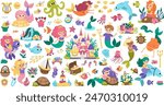Vector mermaids set. Underwater kingdom collection with princess, fish, castle, seaweeds, animals treasure, tortoise. Cartoon marine fairytale characters for kids. Water adventures clipart
