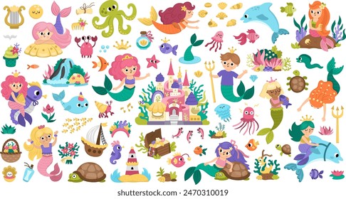 Vector mermaids set. Underwater kingdom collection with princess, fish, castle, seaweeds, animals treasure, tortoise. Cartoon marine fairytale characters for kids. Water adventures clipart
