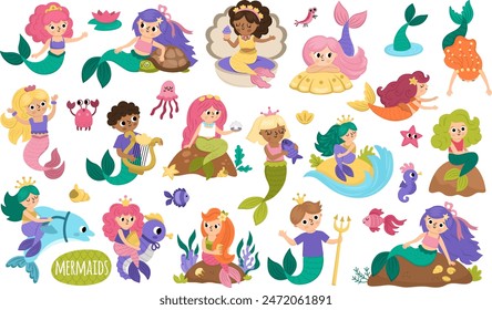 Vector mermaids set. Underwater kingdom collection with ocean princess, prince. Cartoon marine fairytale characters for kids. Water adventures clipart with sirens swimming, sitting on rock
