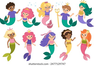 Vektorgrafik Meerjungfrauen gesetzt. Unterwasser Königreich Kollektion mit Ozean Prinzessin, Prinz. Cartoon Marine Märchen Charaktere für Kinder. Wasserabenteuer Clipart mit Sirenen und Mermen
