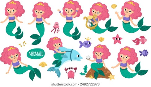 Vector de sirenas. Colección del reino submarino con la princesa del océano con el pelo rosado. Caricatura marina de cuento de hadas personaje para niños. Clipart de aventuras acuáticas con sirena en diferentes poses
