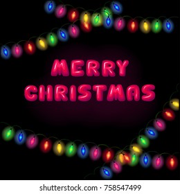 Vector merry chrismas card with realistic lamps and volumetric lettering