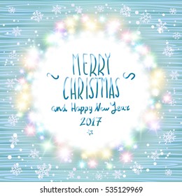 vector merry chrismas and Happy new year 2017. Glowing White Christmas Lights Wreath for Xmas Holiday Greeting Cards Design. Wooden Hand Drawn Background.