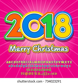 Tarjeta de felicitación Vector Merry Christmas 2018 para Niños. Cartas De Alfabeto Coloridas, Números, Símbolos. La fuente divertida contiene el estilo gráfico