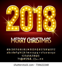 Vector Merry Christmas 2018 greeting card with Chic Lamp Text. Golden Alphabet.  Luxury Font contains Graphic Style.