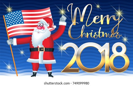 Vector Merry Christmas 2018 Greeting Card with Santa Claus hold United States of America flag and golden text!