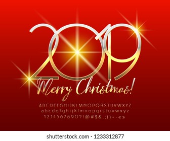Tarjeta de felicitación brillante Vector Merry Christmas 2019. Letras De Alfabeto De Lujo. Fuente elegante dorada.