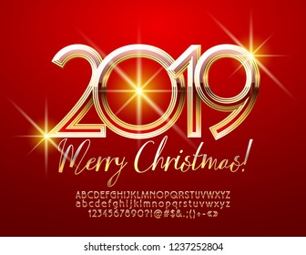 Vector Merry Christmas 2019 bright Greeting Card. Elegant Alphabet Letters. Red and Golden slim Font.
