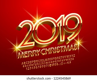Vector Merry Christmas 2019 chic Greeting Card. Elegant 3D Alphabet Letters. Red and Golden thin Font.