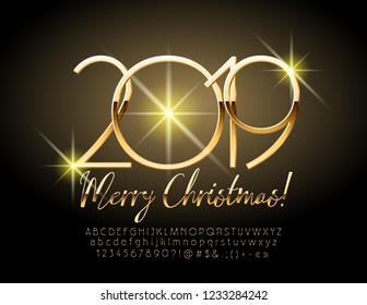 Vector Merry Christmas 2019 chic Greeting Card. Elegant Alphabet Letters. Golden slim Font.