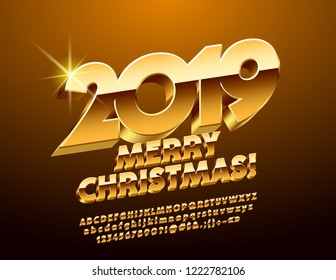 Vector Merry Christmas 2019 luxury Greeting Card. Rotated chic Alphabet Letters, Numbers and Symbols. Golden 3D Font.