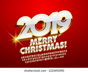 Vector Merry Christmas 2019 Luxury Greeting Card. Rotated Chic Alphabet Letters. White And Golden 3D Font.