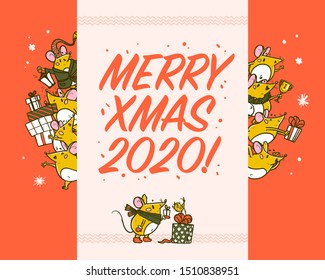 Vector Merry Christmas 2020 congratulation concept with banner text greeting & hand drawn happy winter mice characters celebrating. For congratulation card, print, present packaging, posters, flayers.