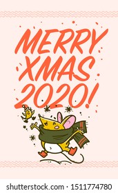 Vector Merry Christmas 2020 congratulation concept with text greeting hand drawn happy winter mouse & bird character celebrating. For congratulation card, print, present packaging, banners, flayers.
