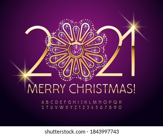 Vector Feliz Navidad 2021 con oro decorativo y flor brillante. Lujoso y brillante fuente. Conjunto de letras y números de alfabeto chic