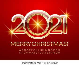 Vector Merry Christmas 2021 elegant greeting card. Stylish Gold Font. Glossy Alphabet Letters and Numbers set