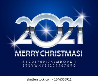 Vector Merry Christmas 2021 greeting card. Shiny Silver Font. Metallic stylish Alphabet Letters and Numbers set