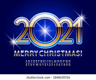 Vector Merry Christmas 2021 greeting card with Shiny elite Font. Blue and Gold chic Alphabet Letters and Numbers set