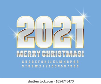 Vector Merry Christmas 2021 greeting card. Shiny modern Font. Snow White and Gold Alphabet Letters and Numbers set