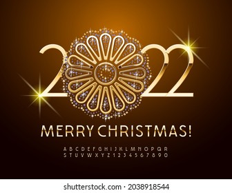 Vector Merry Christmas 2022 with Decorative Gold and Brilliant Flower. Slim Golden Font. Luxury Alphabet Letters and Numbers set