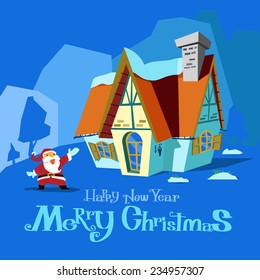 Vector Merry Christmas about Santa Claus and House 