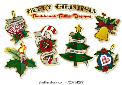 Vector Merry Christmas Attributes Traditional Tattoo Design