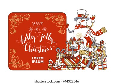 Vector Merry Christmas background with cute snowmen. Snowman on a heap of various gift boxes on white background. There is copy space for your text on red sign. Grey, red and gold colours.