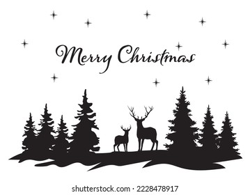 vector Merry Christmas background with deer and trees. 