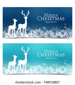 Vector Merry Christmas background with deer and snow. Set of banners