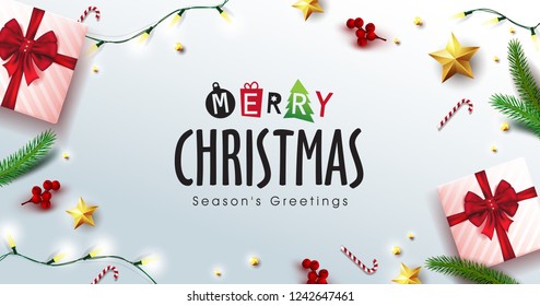 Vector Merry Christmas background design with Realistic tree Branches gift box and gold stars.