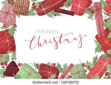 Vector Merry Christmas background. Flat design template with hand-drawn grain texture. Mistletoe leaves and berries, gifts, garlands of red and green lamps. There is copyspace for your text.