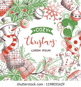 Vector Merry Christmas background. Hand-drawn stipple texture. Snowman, gingerbread man, mistletoe, gifts, cup of hot cocoa, spruce branches with baubles. Cozy sketch illustration.