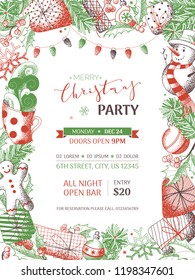 Vector Merry Christmas background. Hand-drawn grain texture. Snowman, gingerbread man, mistletoe berries and leaves, gifts, cup of hot cocoa, spruce branches with baubles. Christmas party template.