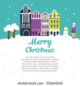 Vector Merry Christmas Background with letters, winter landscape and cute girl in flat style