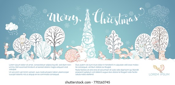 Vector Merry Christmas background. Outlined forest animals in hats and scarfs. Santa Claus with big sack full of gifts. Cute fox, hare, deer, woodpecker, squirrel, raccoon and hedgehog.