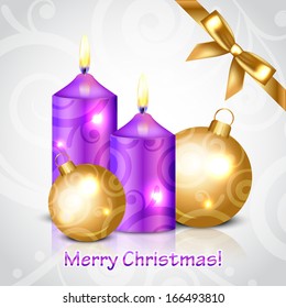 Vector Merry Christmas background with purple candles and decorations