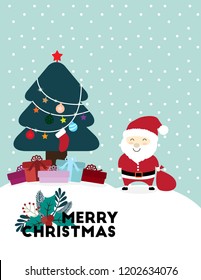 Vector of merry christmas background with santa claus against christmas tree with gifts