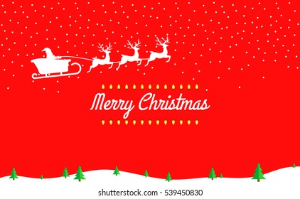 Vector Merry Christmas background. Santa Claus riding on sleigh with reindeer. Red background.