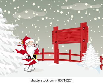 vector merry christmas background with santa holding gift bag