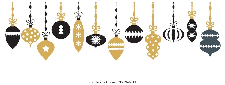 Vector Merry Christmas banner. Black and golden Сhristmas decorations hanging on white background