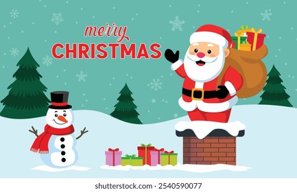 Diseño de Anuncio de Navidades de Vector feliz con muñeco de nieve de Santa Claus y tarjeta de felicitación de Navidad del árbol de Navidad