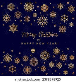 Vector Merry Christmas banner with golden snowflakes. Christmas greeting card.
